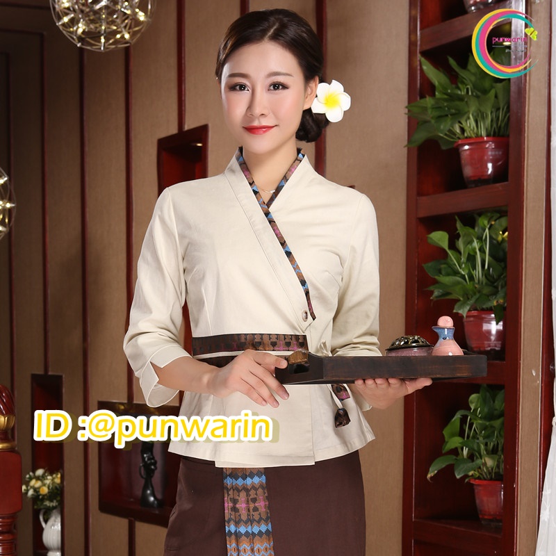 ชุดพนักงานนวดสปาแบบไทย ชุดพนักงานเสริมสวย ชุดทำงาน ชุดสูท S6409004 น้ำตาล เบจ S-4XL