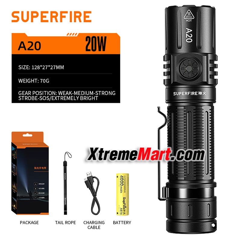 ชุดเซตไฟฉาย SuperFire รุ่น A20 แสงขาว 1700ลูเมนส์ พร้อมแบตเตอรี่ และสายชาร์จ USB Rechargeable