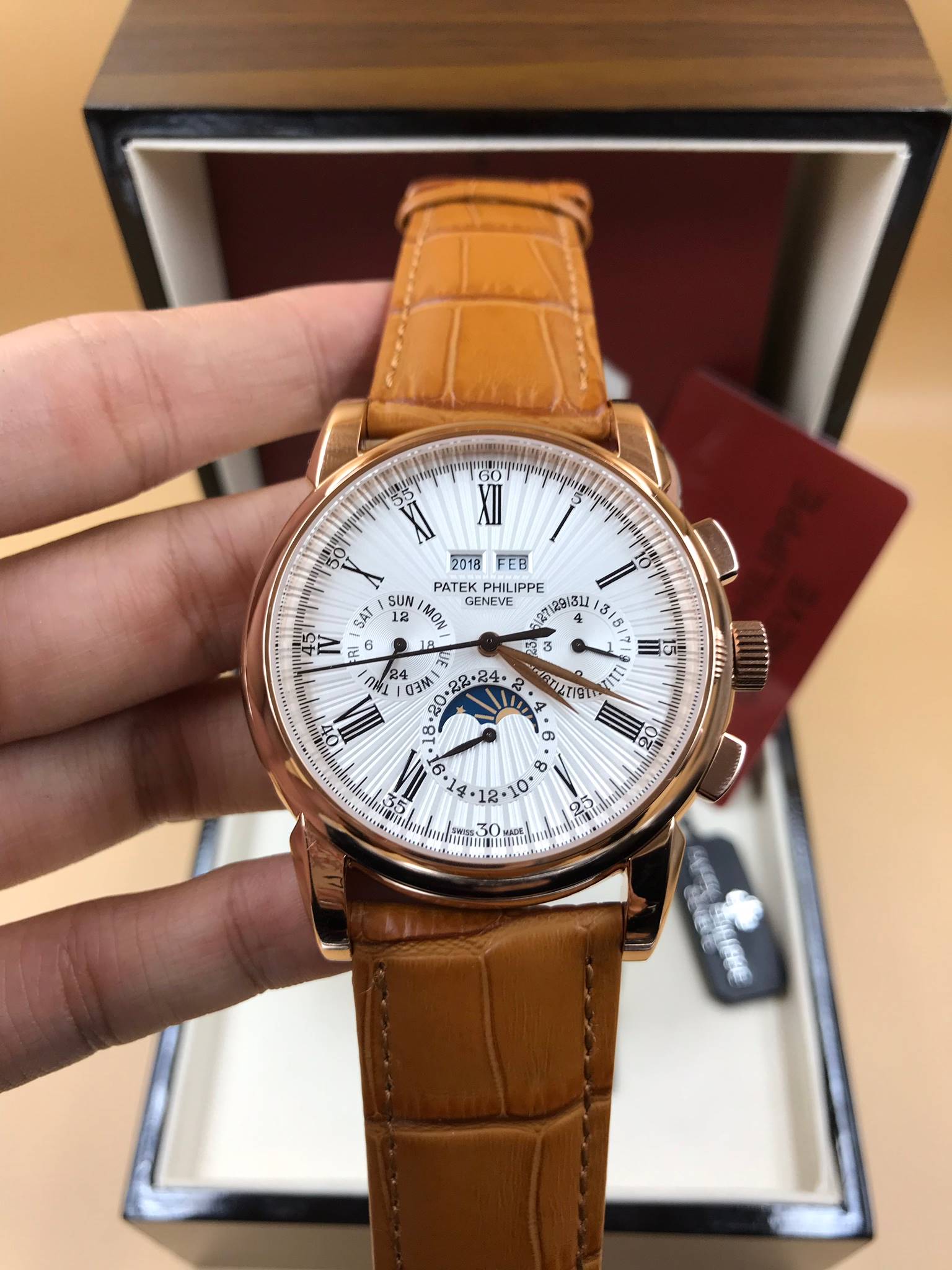นาฬิกา Patek Philippe Perpetual Calendar สี Pink Gold สายหนังสีน้ำตาลงาน Mirror Swiss