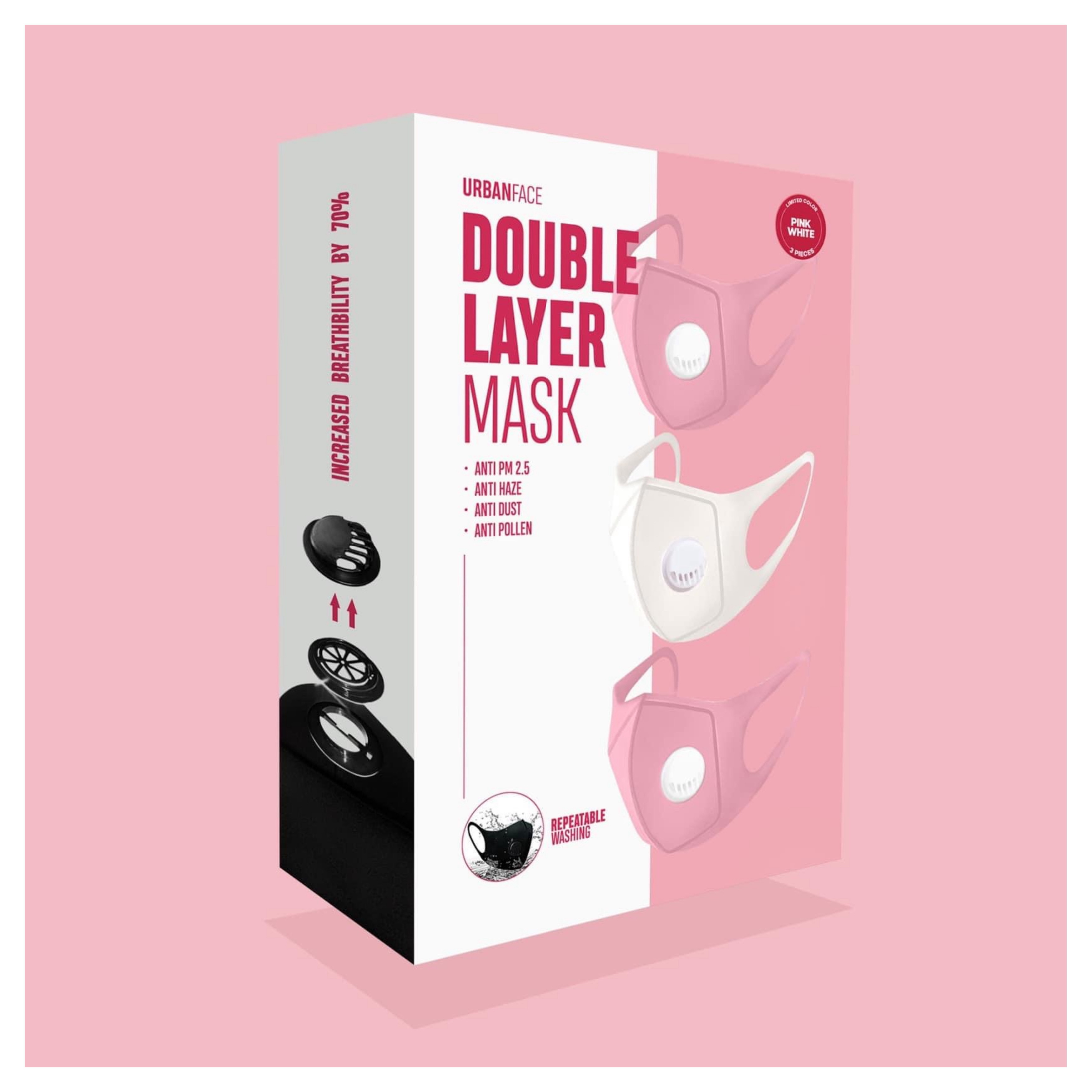 หน้ากากป้องกันฝุ่นและละอองน้ำ UrbanFace Double Layer Mask (Pink & White - Limited Edition)