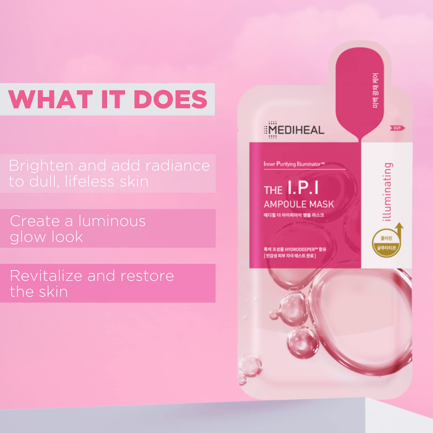 (1 แผ่น) Mediheal The I.P.I Brightening Ampoule Mask 25mL เมดิฮีลแผ่นมาส์ก สูตรกู้ผิวคล้ำเสีย คืนผิวกระจ่างใส อุดมด้วยเทคโนโลยีสารสกัด Inner Purifying Illuminator ประกอบด้วย Mandelic Acid ที่สกัดจากอัลมอนด์, Fullerene, Glutathione, Tranexamic Acid ช่วยปรั