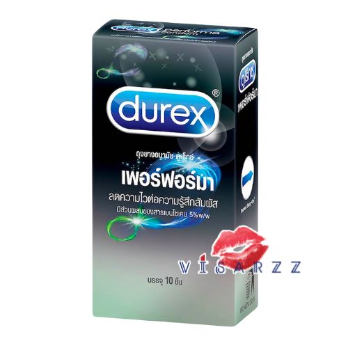 Exp.10/25 (10 ชิ้น / กล่อง) Durex Performa 52.5 mm ดูเร็กซ์ เพอร์ฟอร์มา ถุงยางอนามัยผิวเรียบ ผนังไม่ขนาน มีกระเปาะที่ปลายช่วยในการกักเก็บอย่างปลอดภัย อึดทนนาน ผลิตจากน้ำยางธรรมชาติพร้อมเคลือบสารหล่อลื่น