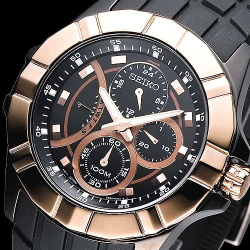 Seiko road men's multifunction watch rose gold SRL072P1 black polyurethane belt