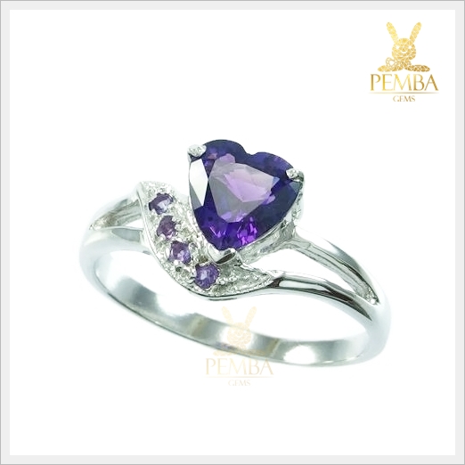 แหวนอเมทิสต์ ทรงหัวใจ เงินแท้925 ชุบทองคำขาว แหวนพลอยแท้