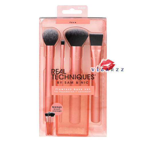 (New Look) Real Techniques Flawless Base Set 4 Pcs with 1 Brush Cup เซทแปรงแต่งหน้าจุดเริ่มต้นของการแต่งหน้ามืออาชีพ มาพร้อมกับถ้วยใส่แปรงเพื่อให้การหยิบใช้ จัดเก็บสะดวกยิ่งขึ้น