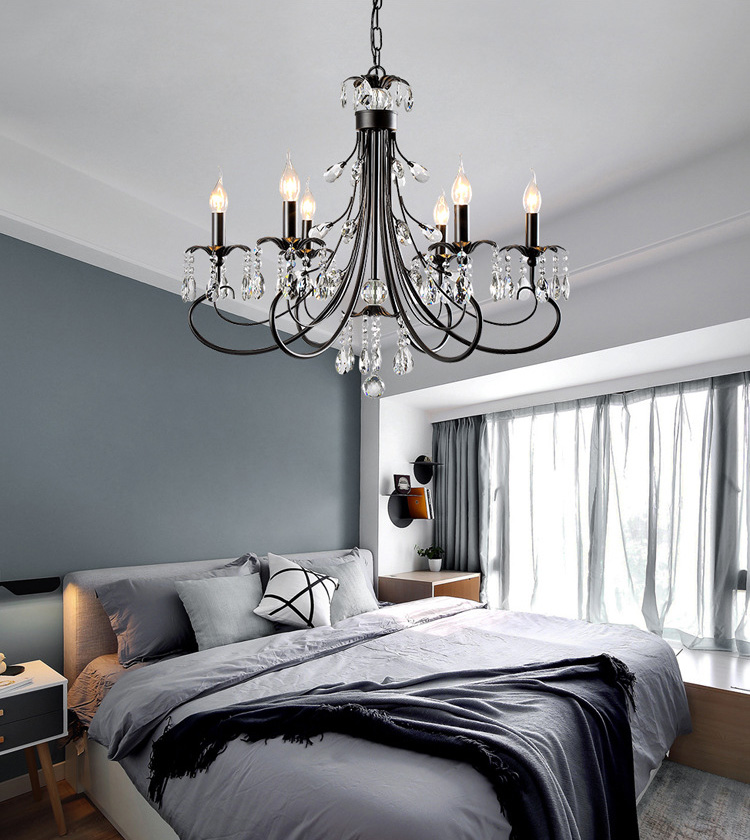 โคมไฟระย้าเหล็กดัดสีดำดวงไฟลายแท่งเทียนตกแต่งคริสตัลสไตล์อเมริกันโมเดิร์น [XD1176]