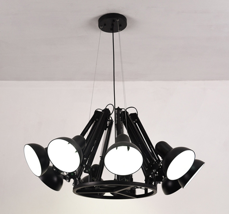 โคมไฟระย้าเหล็กแขวนเพดานสไตล์ American Industrial 9 ดวงสีดำ ขาโคมพับกางได้ [JND-044]