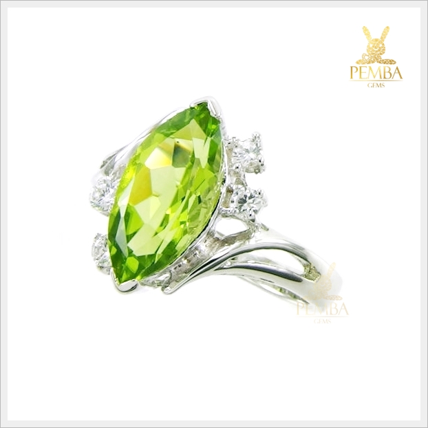 แหวนเพริดอต ทรงมาคีส์สุดเก๋ เงินแท้925 ชุบทองคำขาว แหวนพลอยแท้