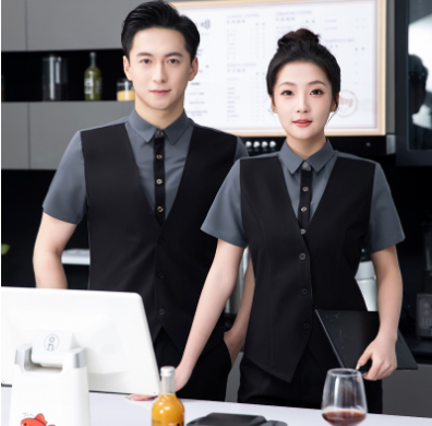 เสื้อเชิ้ตกั๊กในตัวฟอร์มพนักงานร้านอาหารกาแฟโรงแรม แขนสั้น F6705017 เทา แดง เบจ เขียว L-6XL