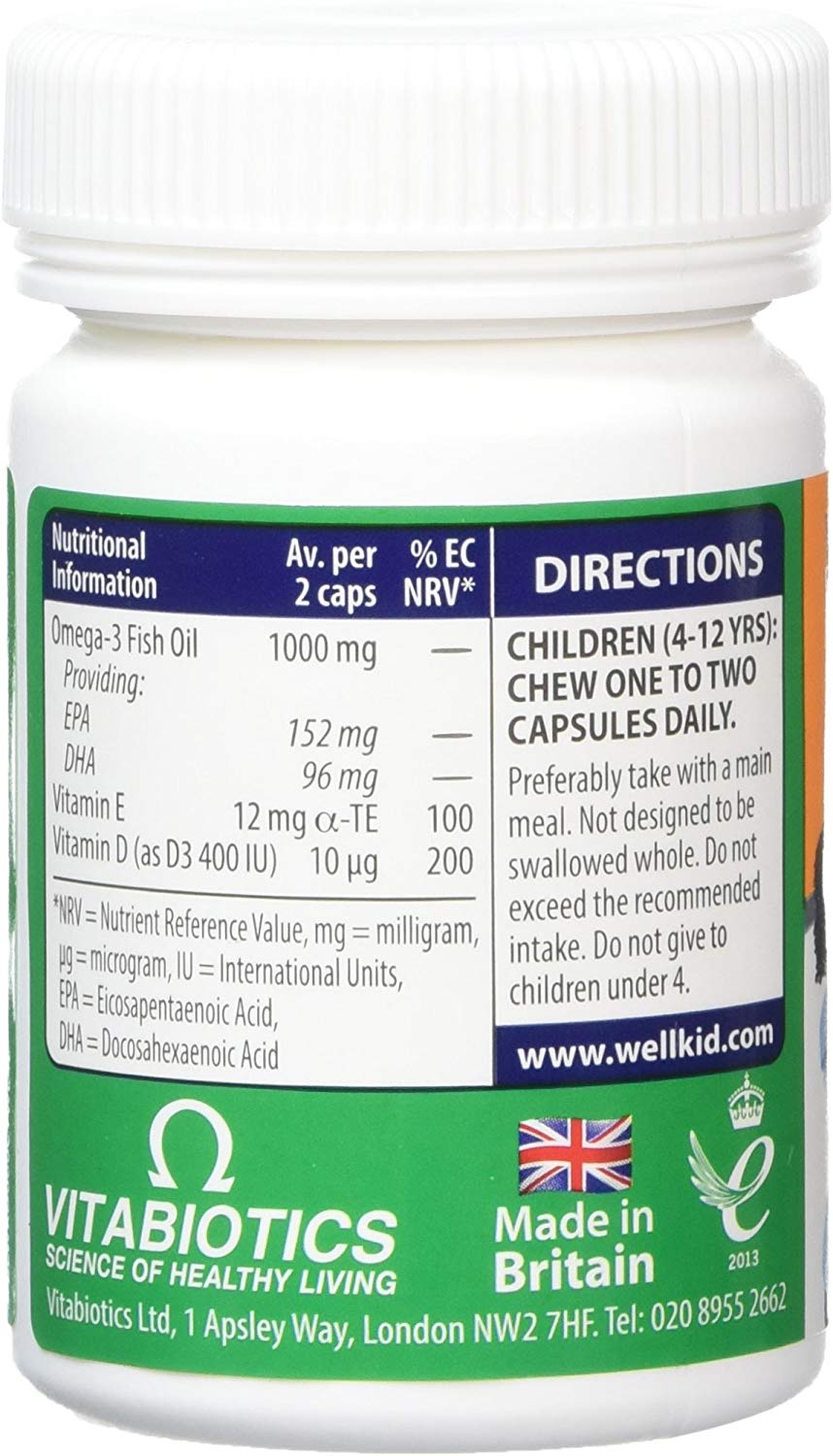 วิตามินเสริมแร่ธาตุโอเมก้า 3 แบบเม็ดเคี้ยวสำหรับเด็ก Vitabiotics Wellkid Omega-3 Chewable plus Vitamin D