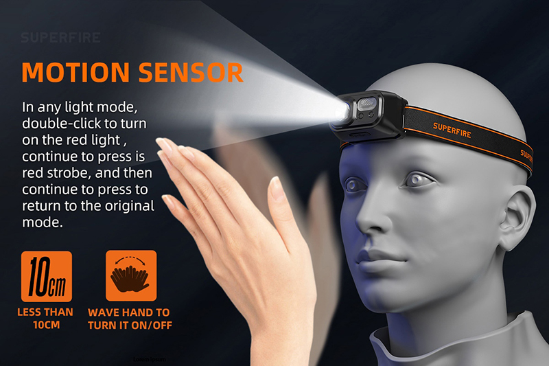 ไฟฉายคาดหัว Superfire HL23-S LED 350Lumen แสงขาว + ไฟข้างสีแดง พร้อมระบบ Sensor มือโบกเปิด-ปิด (ชุดละ)