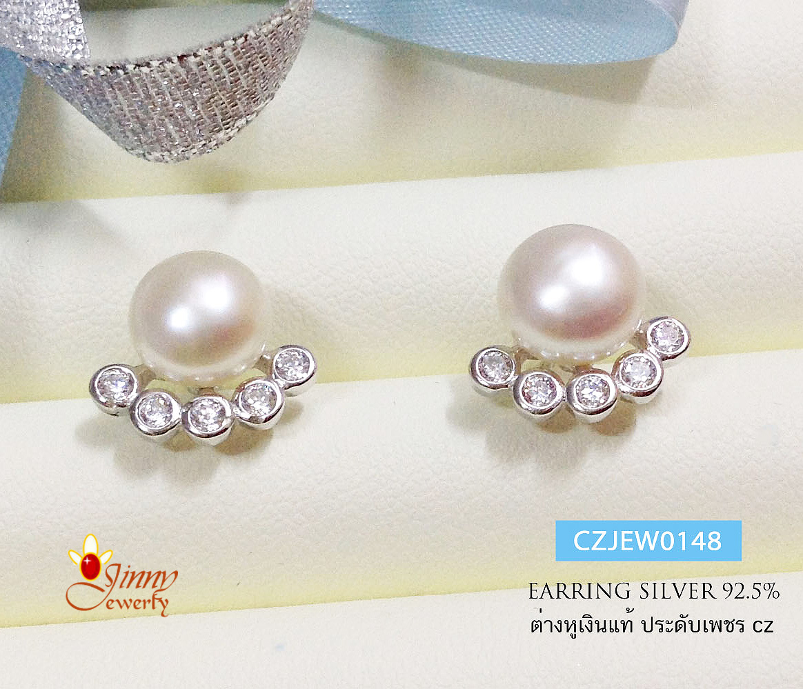 ต่างหูเงินแท้ มุกแท้ ประดับเพชร cz