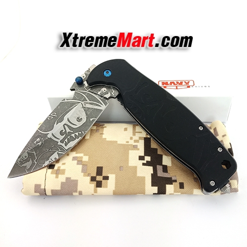 มีดพับ NAVY รุ่น K814A Stainless Steel Folding Knife-Frame Lock ด้ามจับ 2 สไตล์ G10&Stonewash (ใบลาย ด้ามสีดำ)