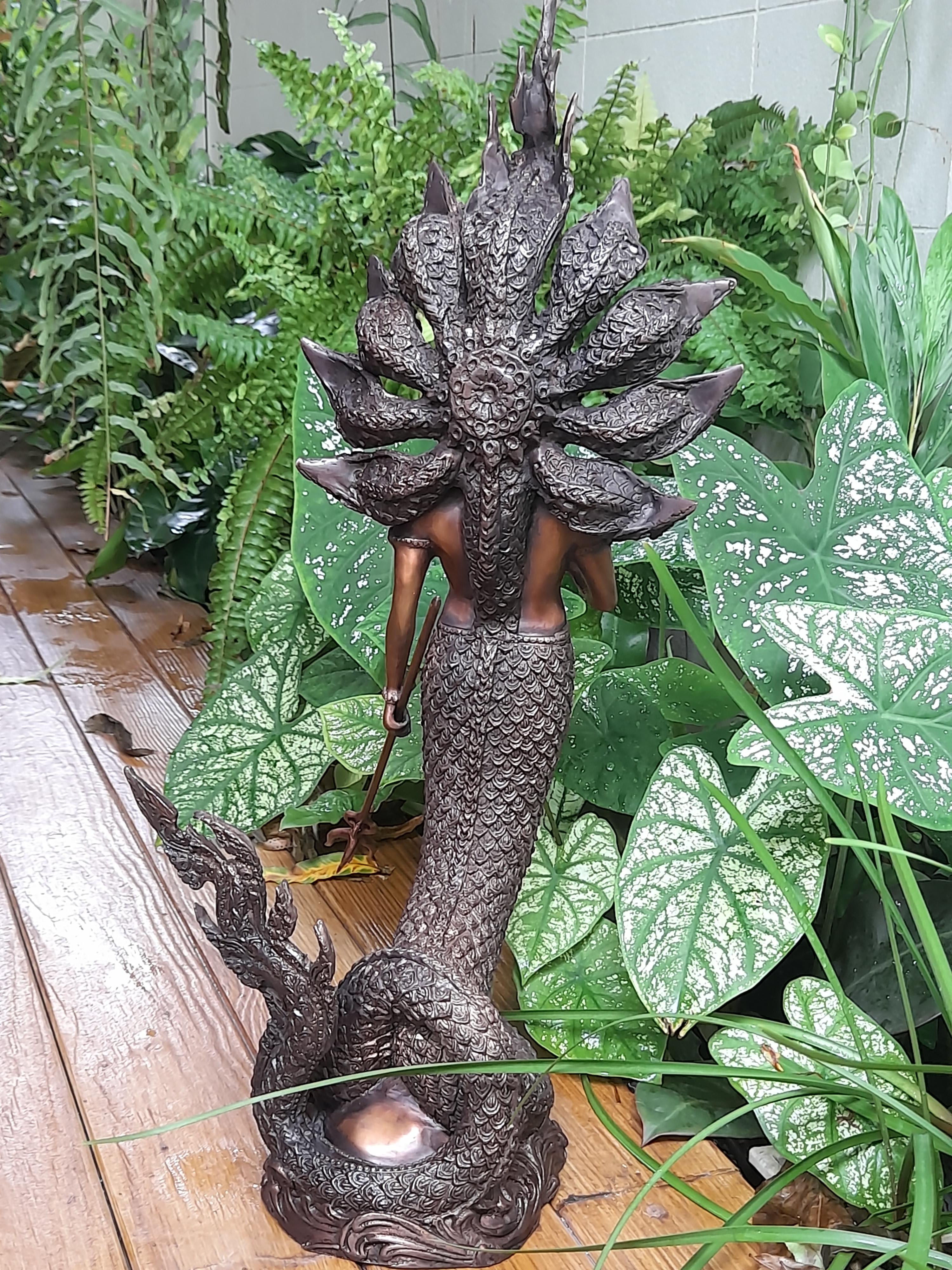 รูปหล่อ พญานาคราช ปาง ประทานพร มนุษย์ ครึ่งพญานาค นาคปรก 9หัว เศียร เนื้อทองเหลือง สีสัมฤทธิ์ (สูง22นิ้ว) (งานพรีออเดอร์สั่งทำ 2เดือน)