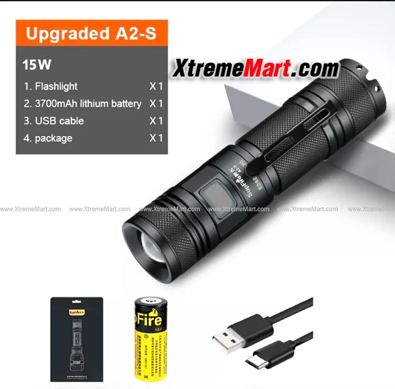 ไฟฉายซูม Supfire A2-S High-Power 15W 5 โหมด Zoom Flashlight พร้อมแบตเตอรี่ 26650 และ สายชาร์จ USB