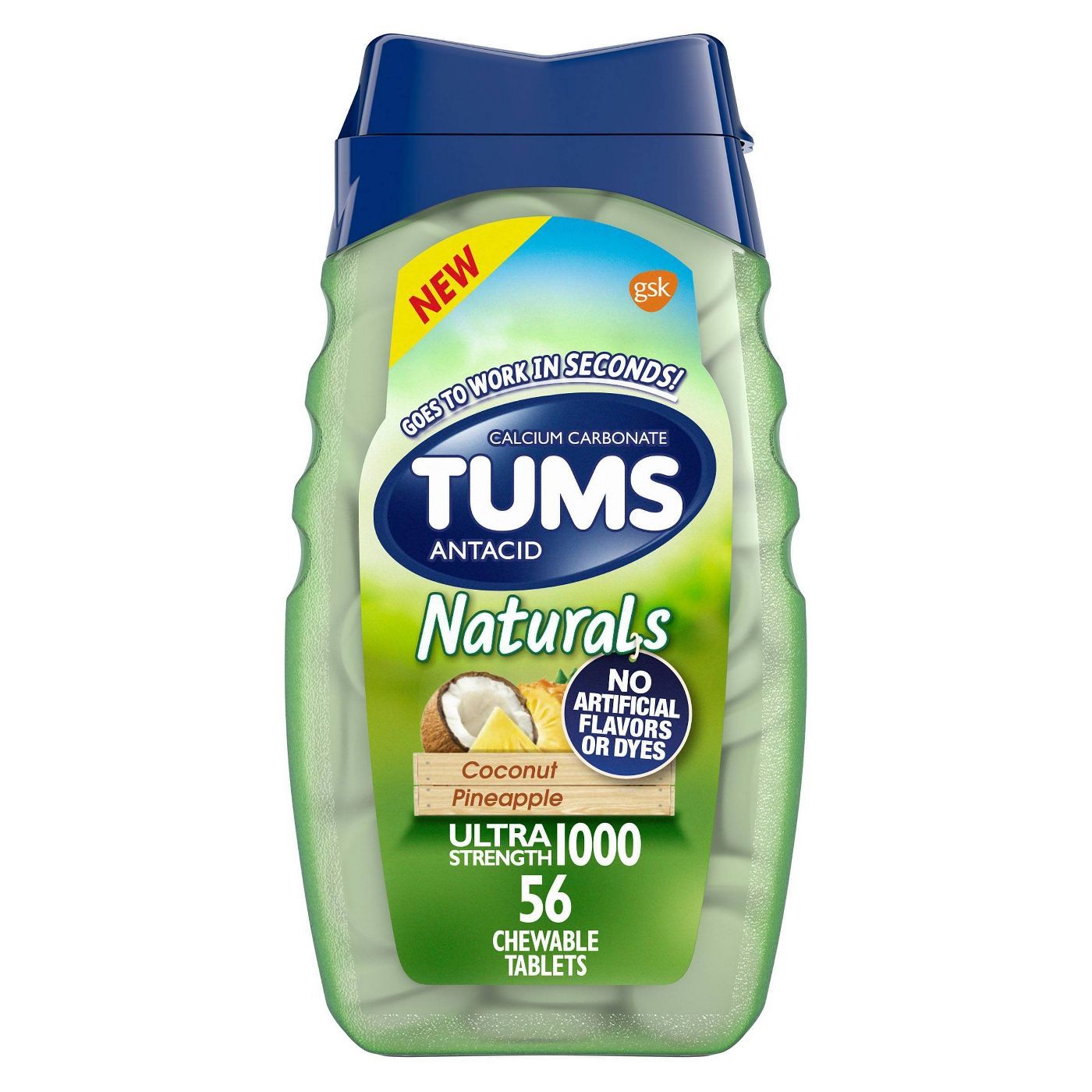 เม็ดเคี้ยวบรรเทาอาการกรดไหลย้อน TUMS Naturals Antacid Ultra Strength 1000 - Coconut Pineapple (56 Chewable Tablets)