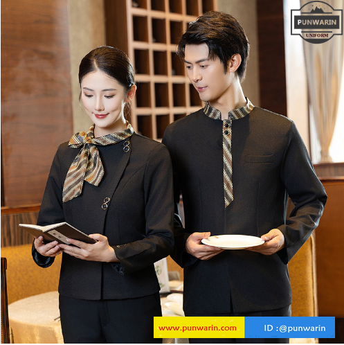 เสื้อพนักงานต้อนรับพนักงานเสริฟเสื้อพนักงานโรงแรมนรีสอร์ทเสื้อแขนยาว F6704002 แดง ดำ ม่วง L-4XL