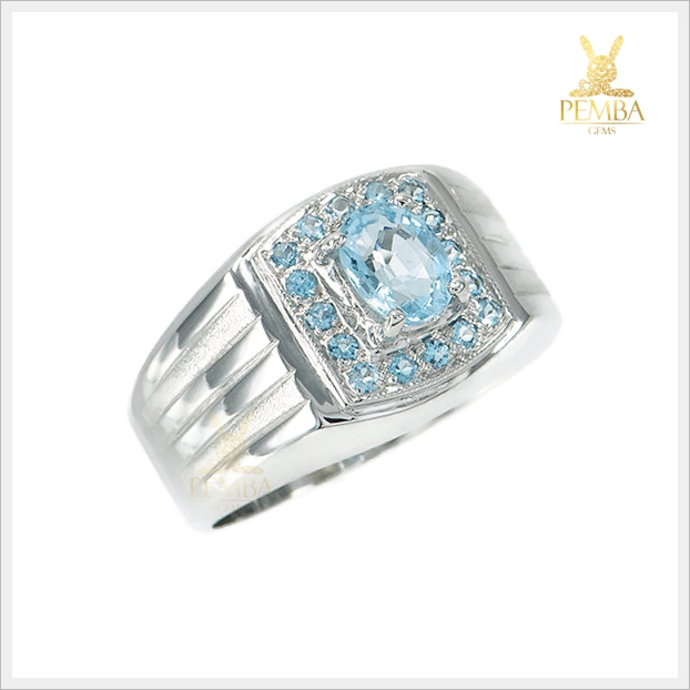 แหวนอะความารีนแท้ สีฟ้าสวยใส เงินแท้925 ชุบทองคำขาว เพิ่มความมั่นใจ