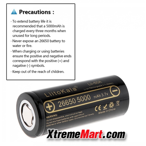 แบตเตอรี่ชาร์จ Liitokala 26650 Lii-50A 5000mAh Rechargeable Lithium Battery ไม่มีวงจรป้องกัน (ก้อนละ)