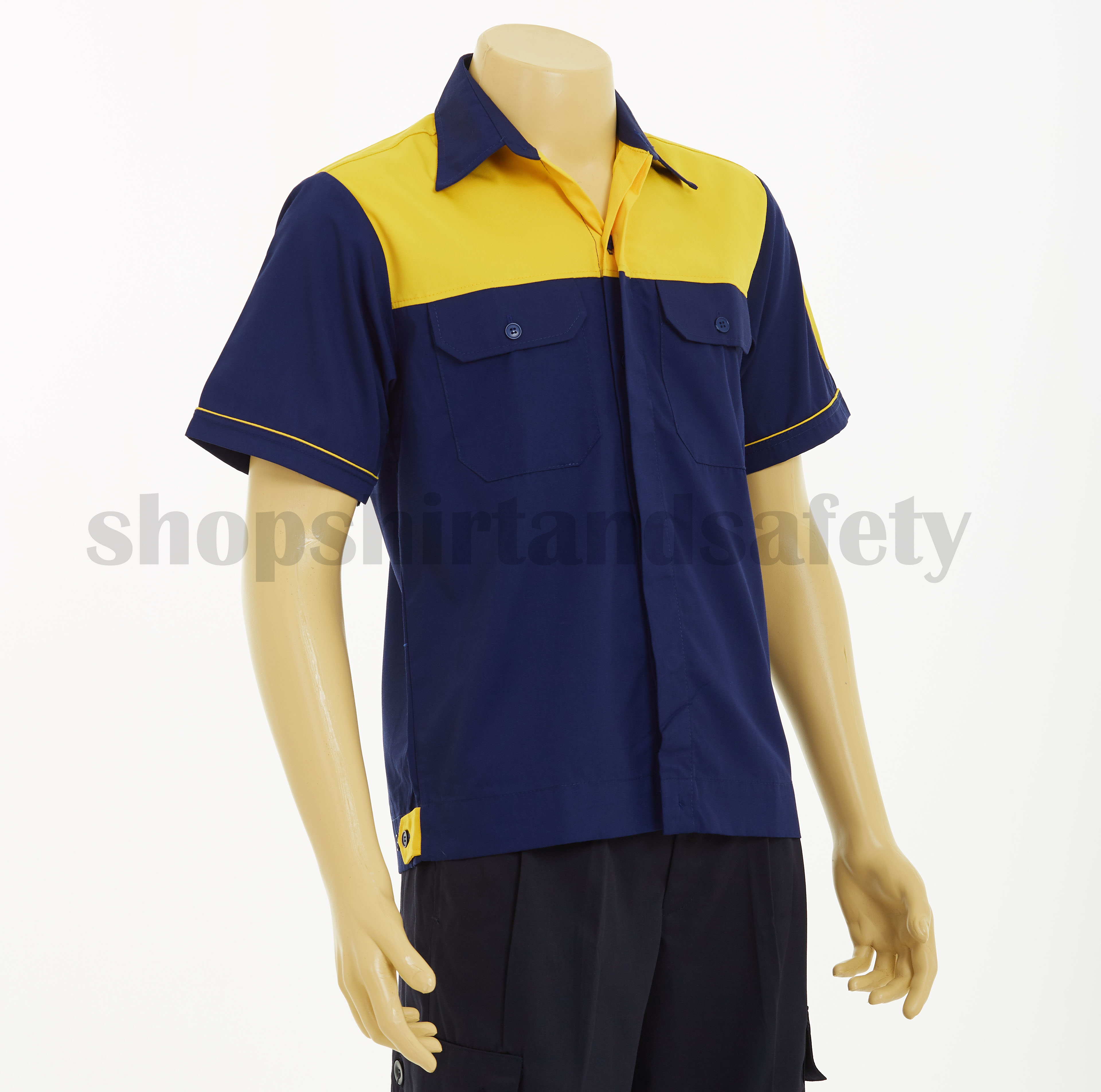 เสื้อช็อปแขนสั้นแบบน้ำเงินอกเหลืองเพิ่มกระดุมซ่อนสาบ