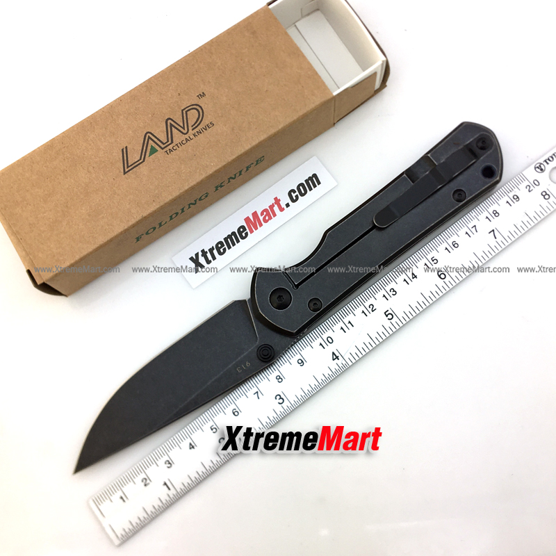 มีดพับ LAND รุ่น 913 (ล็อตใหม่ หมุดสีดำ) ใบมีดสแตนเลส ระบบ Frame Lock Stainless Steel Folding Knife (ด้ามดำ ใบดำ)