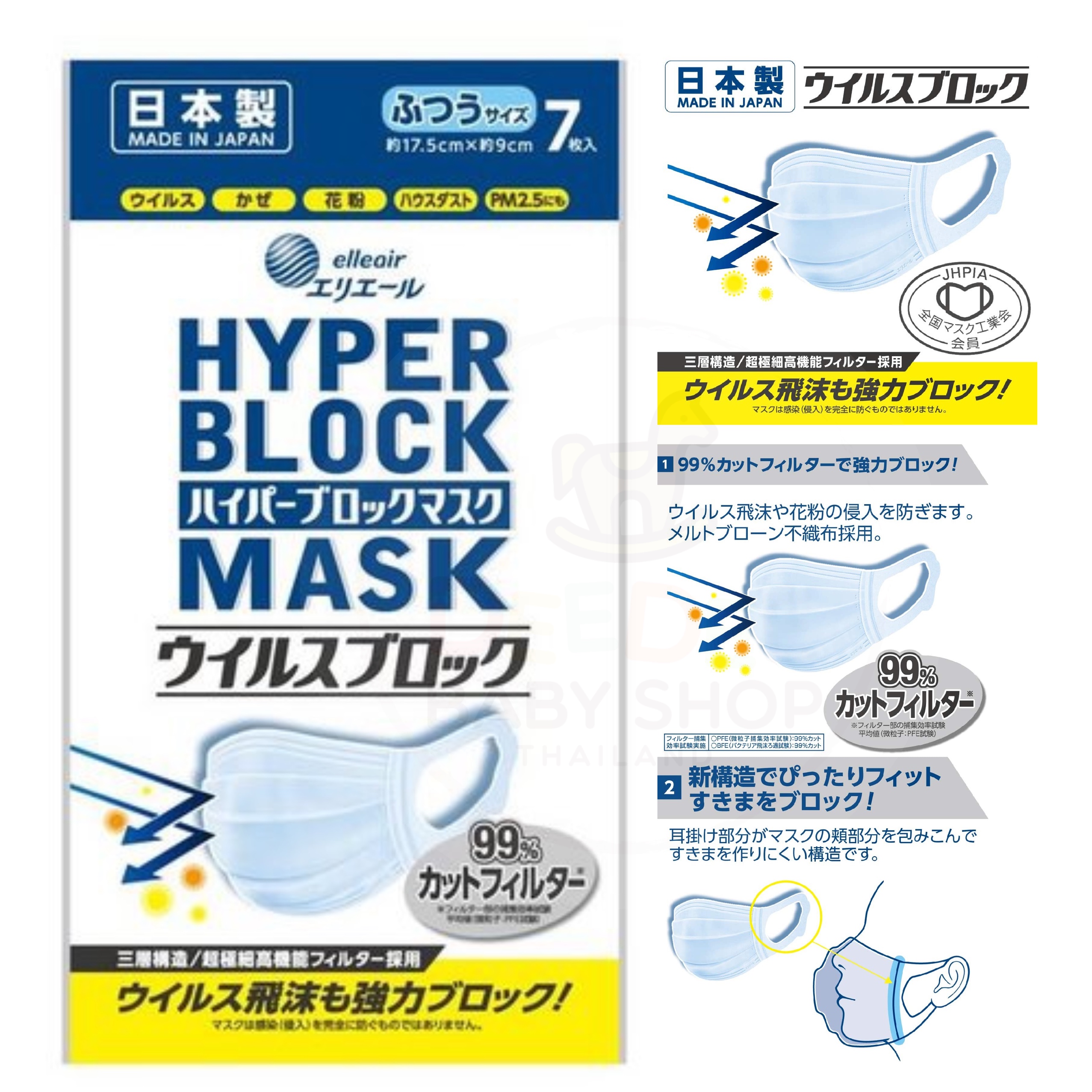 หน้ากากอนามัยสำหรับผู้ใหญ่ elleair HYPER BLOCK Mask (Pack of 7) - Normal Size