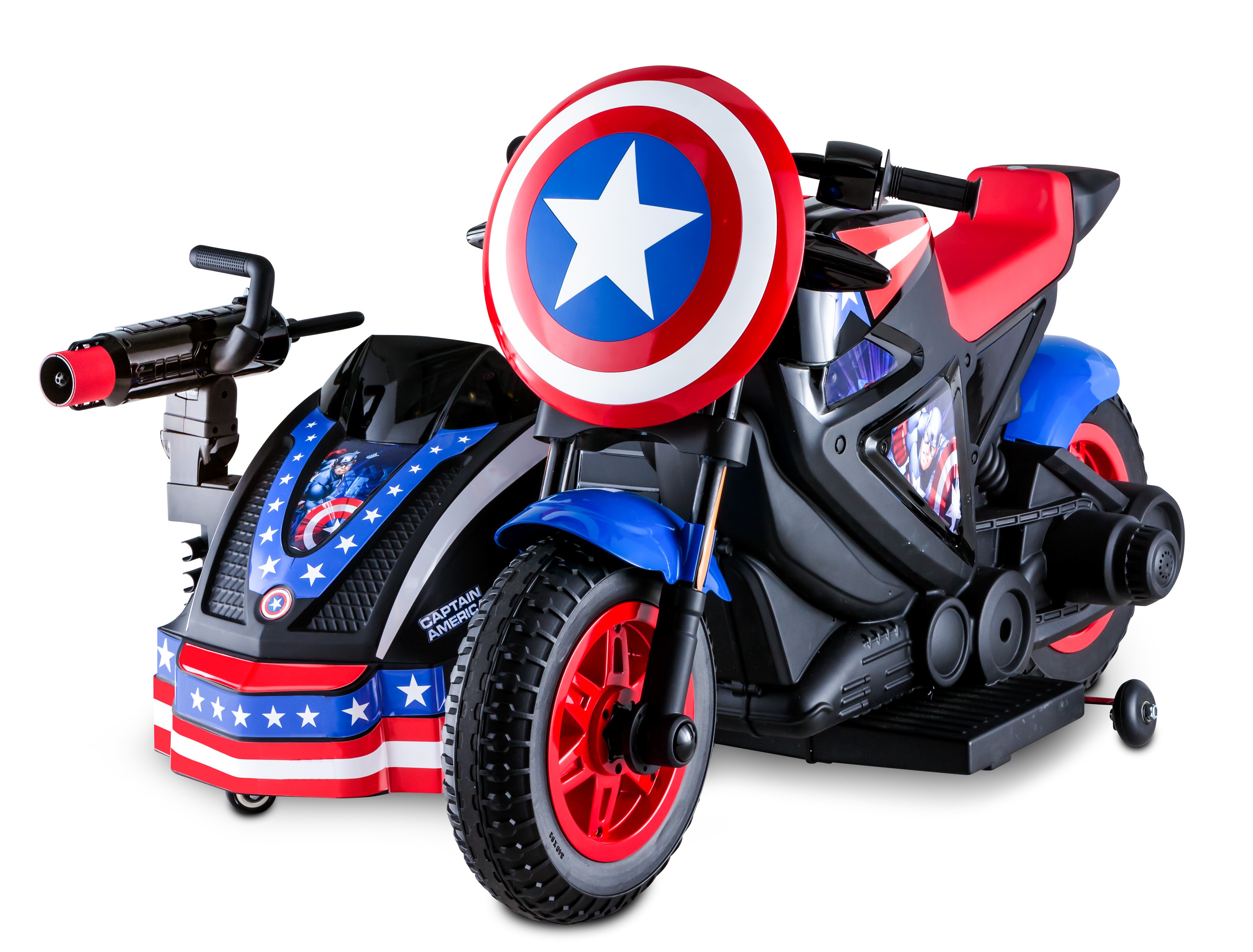 รถมอเตอร์ไซค์แบตเตอรี่พร้อมรถพ่วงข้าง Kid Trax Marvel Captain America Motorcycle & Side Car