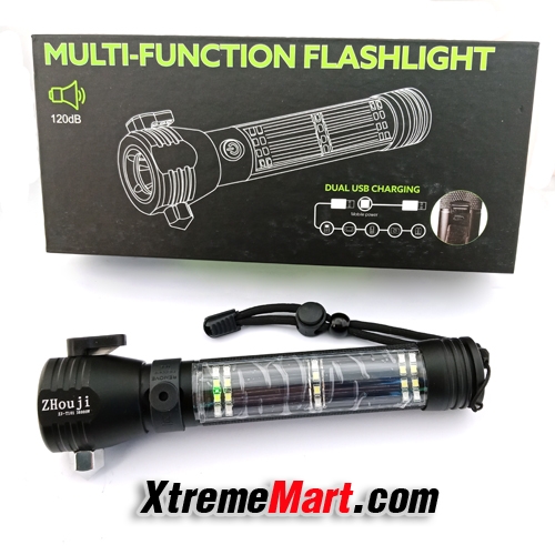 ไฟฉายทุบกระจก-ตัดBelt Zhouji T101 900LM มีแผง Solar cell/แม่เหล็ก/สัญญาณเสียงฉุกเฉิน Dual USB charge/charging bank Flashlight