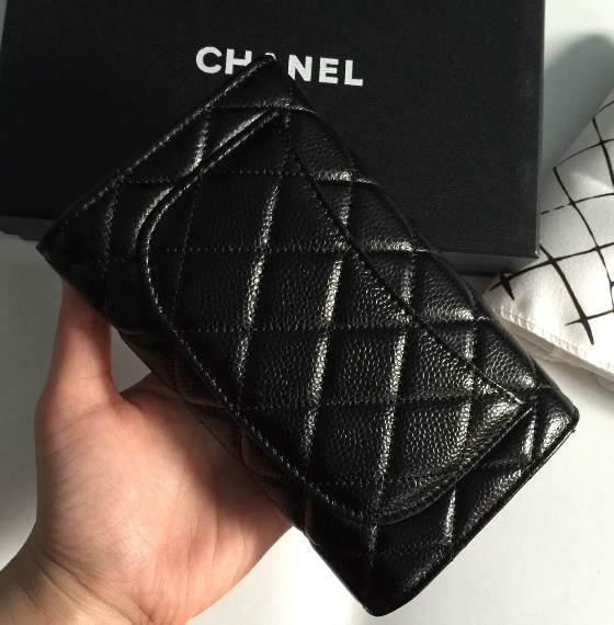 กระเป๋าสตางค์ cn caviar wallet สีดำ ใบยาว 3 พับ งานดีสุด หนังอิมพอร์ทยยุโรป