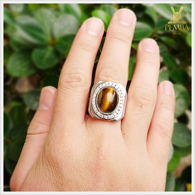 แหวนตาเสือ เงินแท้925 ชุบทองคำขาว สวมใส่โดดเด่นเต็มๆ นิ้ว