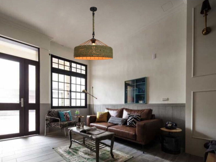 โคมไฟห้อยเพดาน American Country พันเชือกลินิน ทรงกระโจม