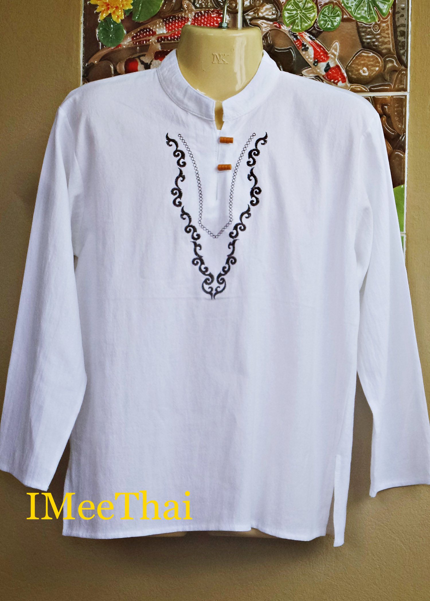 เสื้อ ลายไทย กนก ผ้าฝ้าย สีขาวแขนยาว