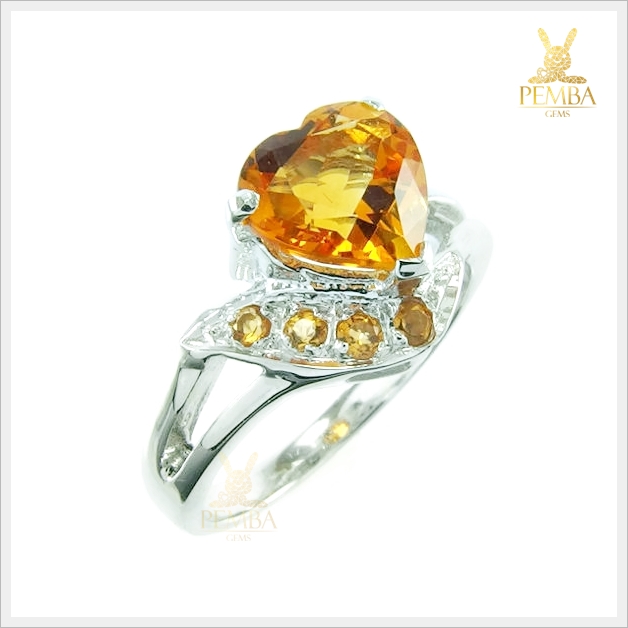 แหวนซิทริน ทรงรูปหัวใจสุดเก๋ เงินแท้ ชุบทองคำขาว แหวนพลอยแท้