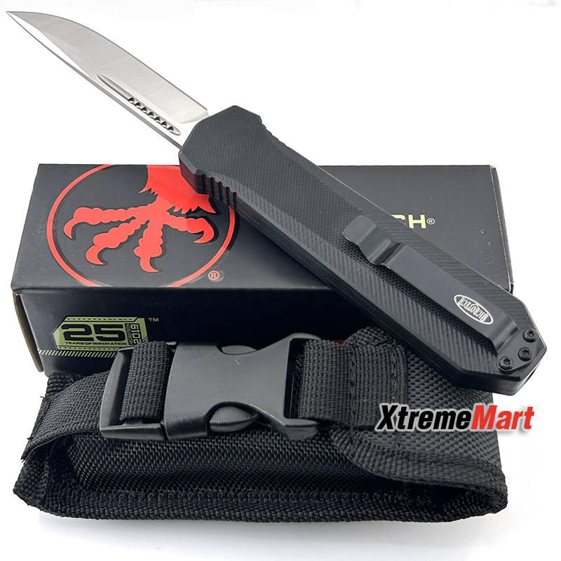 มีดสปริง Microtech (New Ultratech V2) คมเดียว ใบเงิน ด้ามดำ Combat Troodon Automatic Knife