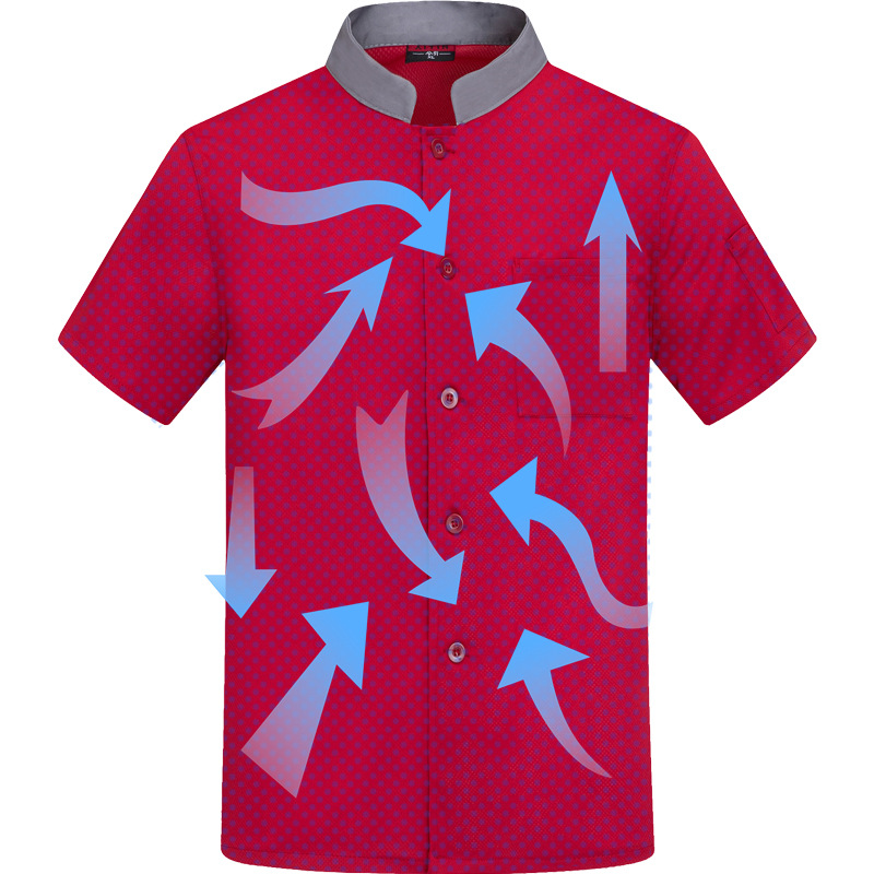 เสื้อผ้าทำงานเชฟผ้าไหมแห้งความเร็วสูงแบบตาข่ายสำหรับผู้ชายและผู้หญิงในช่วงฤดูร้อนแขนสั้นสำหรับร้านอาหารและโรงแรมระดับไฮเอนด์ เสื้อผ้าทำงานเชฟที่ระบายอากาศได้ดี m6810003 ขาว แดง น้ำเงิน ดำ M-4XL