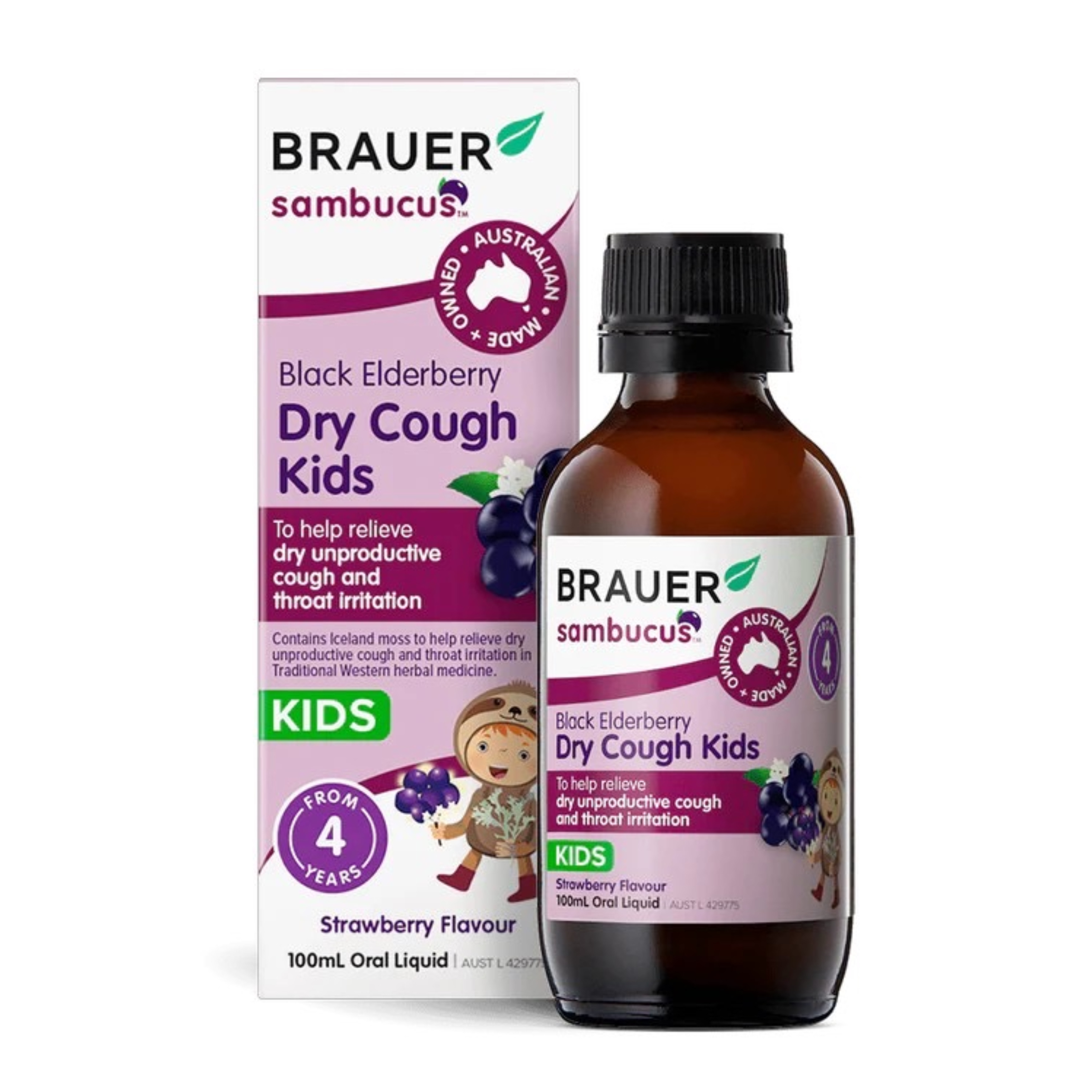 วิตามินเสริมภูมิคุ้มกันพร้อมบรรเทาอาการไอสำหรับเด็ก BRAUER Kids Sambucus Black Elderberry Dry Cough