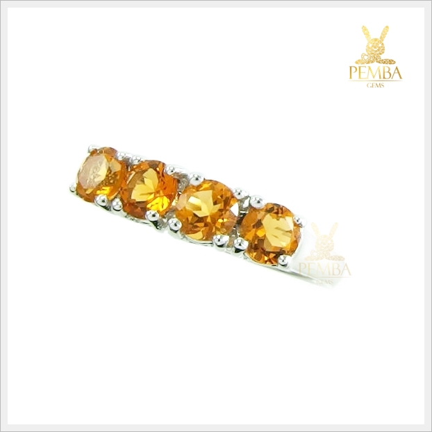 แหวนซิทริน สีเหลืองส้ม แหวนแถว 4 เม็ด เงินแท้ ชุบทองคำขาว แหวนพลอยแท้