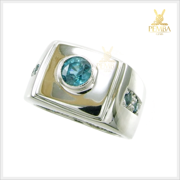 แหวนเพทายแท้ สีฟ้าเข้ม เงินแท้925 ชุบทองคำขาว เรียบๆ แต่มีสไตล์