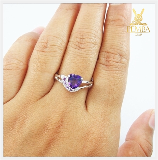 แหวนอเมทิสต์ ทรงหัวใจ เงินแท้925 ชุบทองคำขาว แหวนพลอยแท้