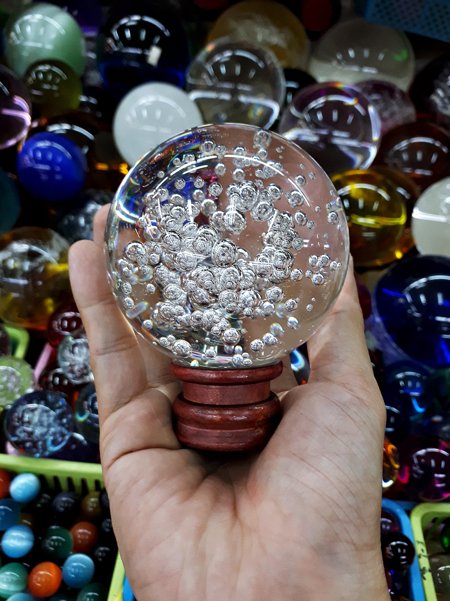 ลูกแก้ว แฟนตาซี ฟองอากาศ สีใส หลายขนาด เล็ก ใหญ่ ขนาด 5ซม 6ซม 8ซม 15ซม 20ซม พร้อมฐาน (ขายปลีก ขายส่ง)