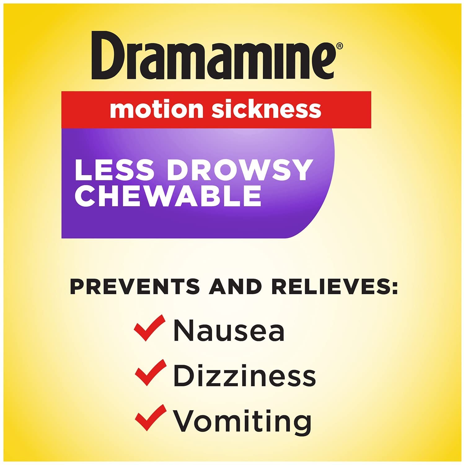 ยาบรรเทาอาการวิงเวียนจากการเดินทางชนิดเคี้ยว Dramamine Motion Sickness Relief - All Day Less Drowsy Chewable Formula