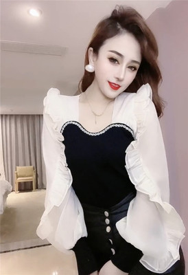 แฟชันเสื้อเชิ้ตเสื้อสาวทำงานวันสบายๆ คอเหลี่ยมใบบัว สลิมฟิต W6506002 ขาว L,XL ,XXL ,3XL