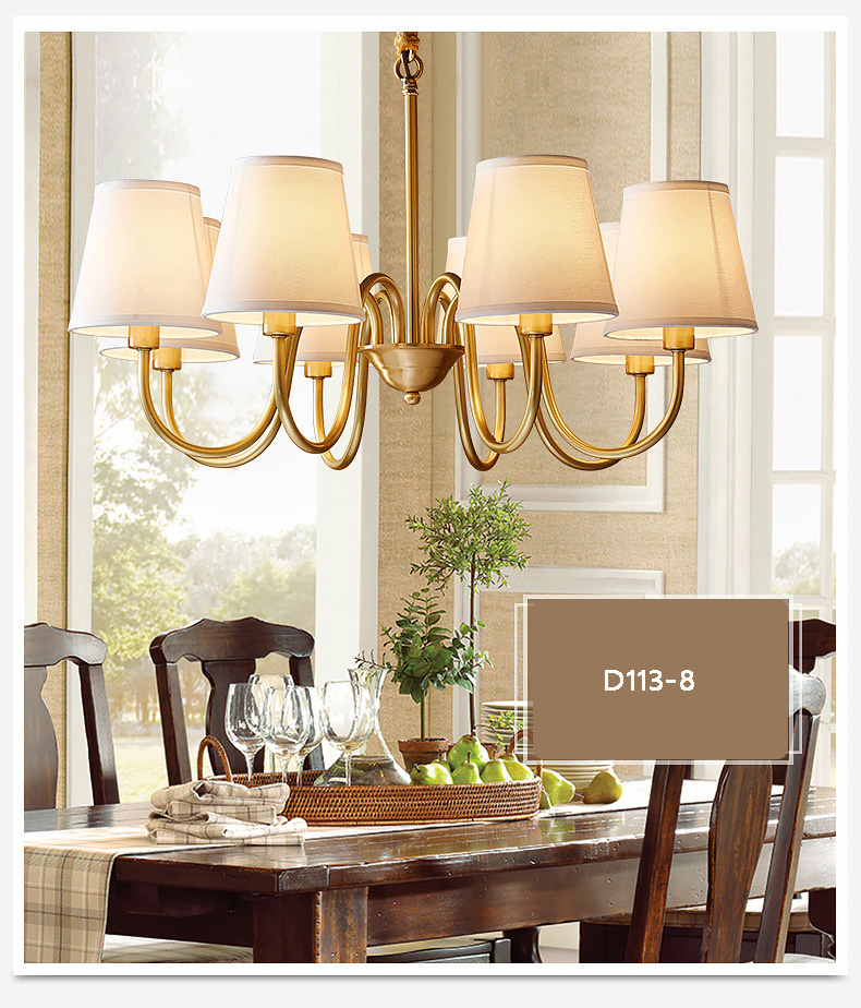 โคมไฟระย้าโครงสีทองเหลืองโป๊ะผ้าสีขาวทรงดอกเห็ดสไตล์ยุโรป [D113]