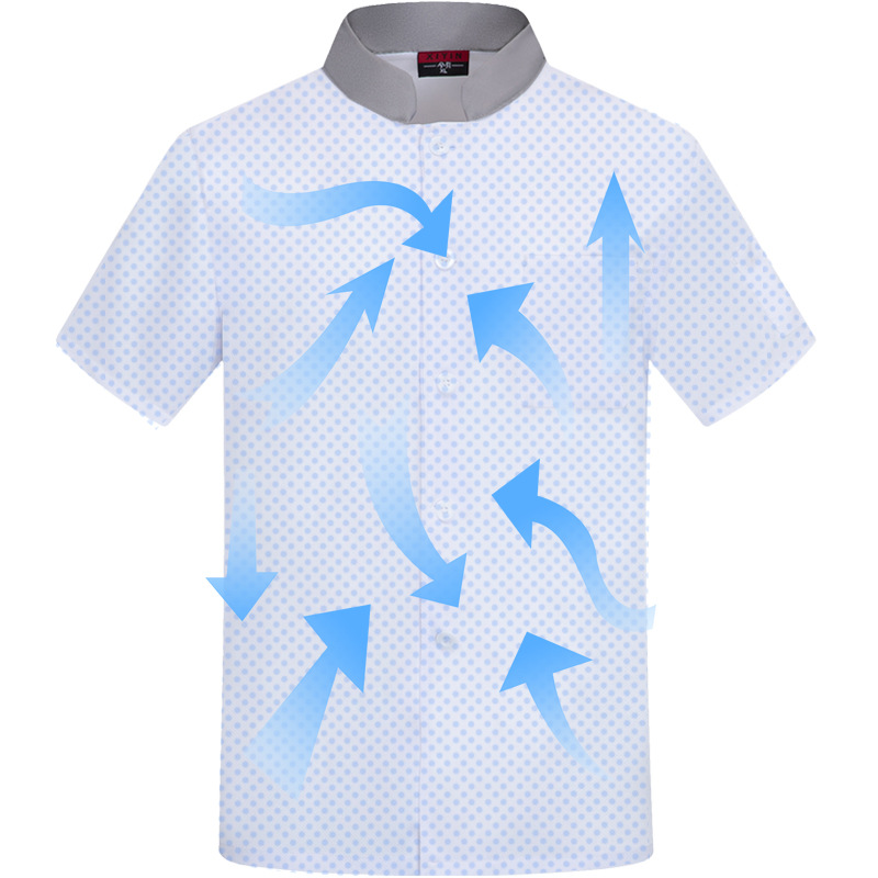 เสื้อผ้าทำงานเชฟผ้าไหมแห้งความเร็วสูงแบบตาข่ายสำหรับผู้ชายและผู้หญิงในช่วงฤดูร้อนแขนสั้นสำหรับร้านอาหารและโรงแรมระดับไฮเอนด์ เสื้อผ้าทำงานเชฟที่ระบายอากาศได้ดี m6810003 ขาว แดง น้ำเงิน ดำ M-4XL