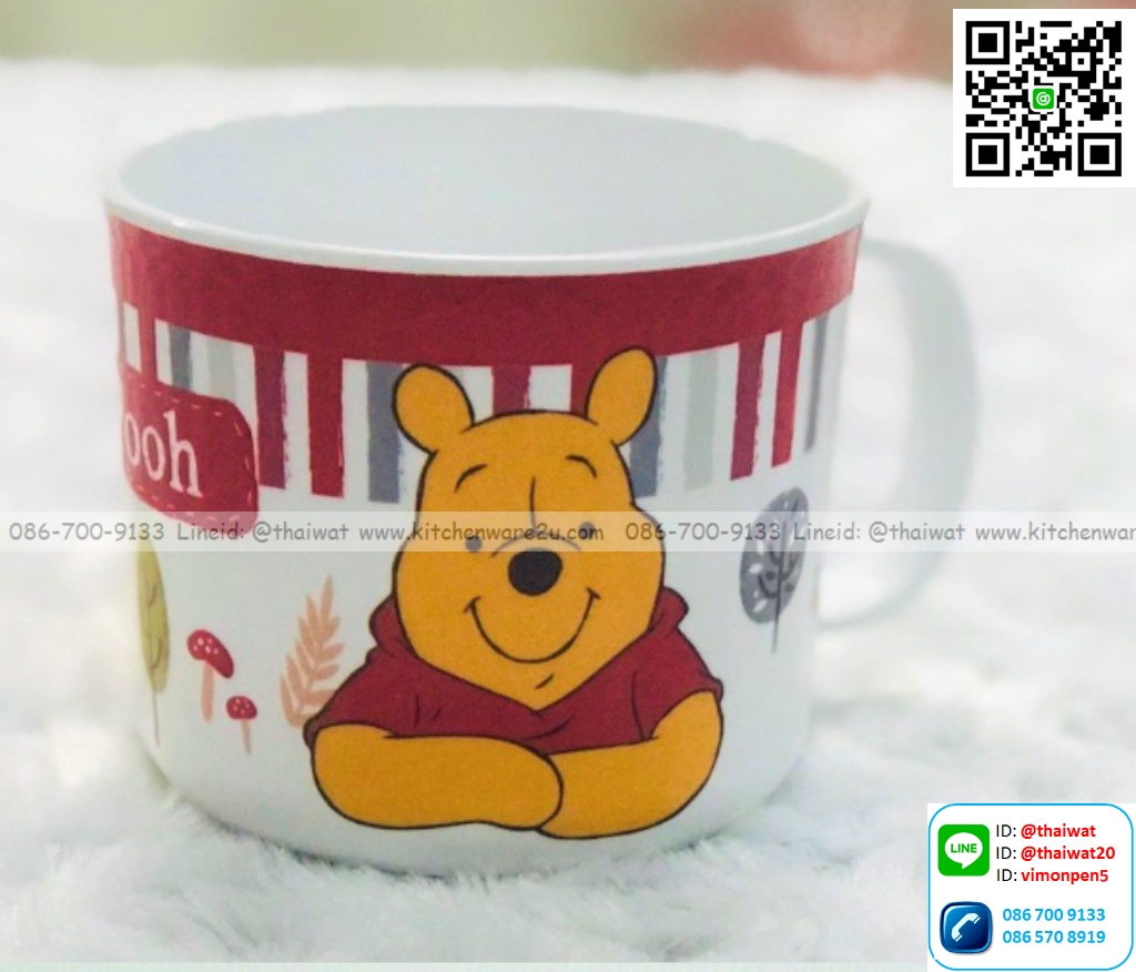 P09051 ถ้วยน้ำมีหู ปาก 3 นิ้ว ลายหมีพูห์ เมลามีนและลิขสิทธิ์แท้ Flowerware เครือซูปเปอร์แวร์ No.C2392-3 (ราคาขายส่งต่อ 12 ใบ: เฉลี่ย 70 บต่อใบ)