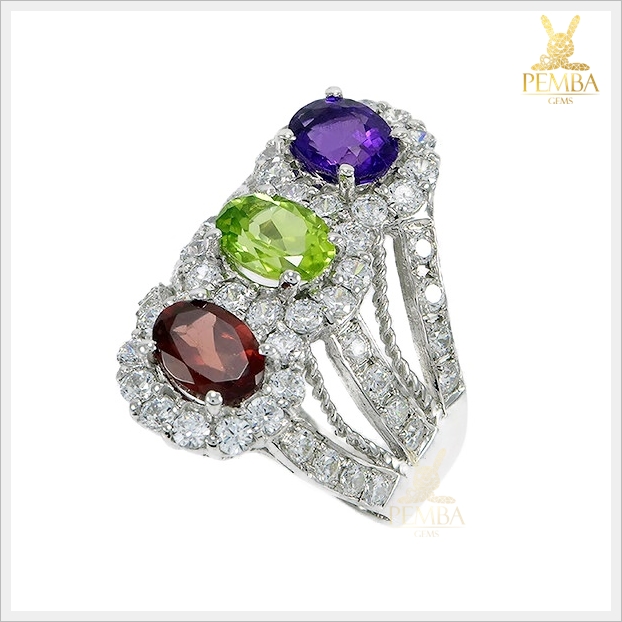 แหวนพลอยแท้ 3 สี อเมทิสต์ เพริดอต โกเมน ใส่ติดนิ้วเก๋ๆ แหวนพลอยแท้