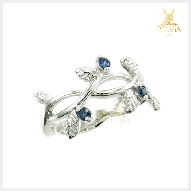 แหวนไพลิน เงินแท้925 ชุบทองคำขาว ดีไซน์รูปใบมะกอกสุดเก๋ แหวนพลอยแท้