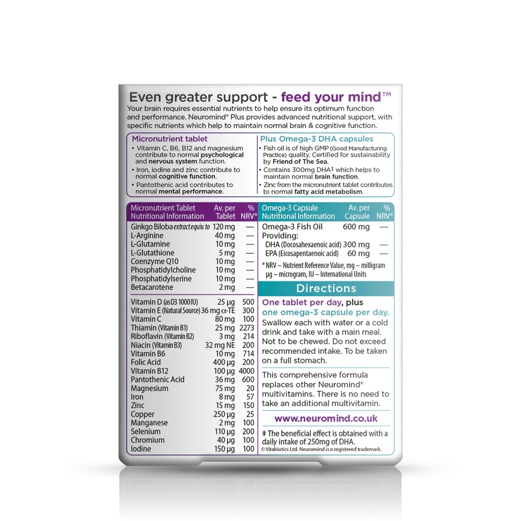 วิตามินบำรุงสมองและระบบประสาทสำหรับเด็กโตและผู้ใหญ่ Vitabiotics Neuromind Plus DHA