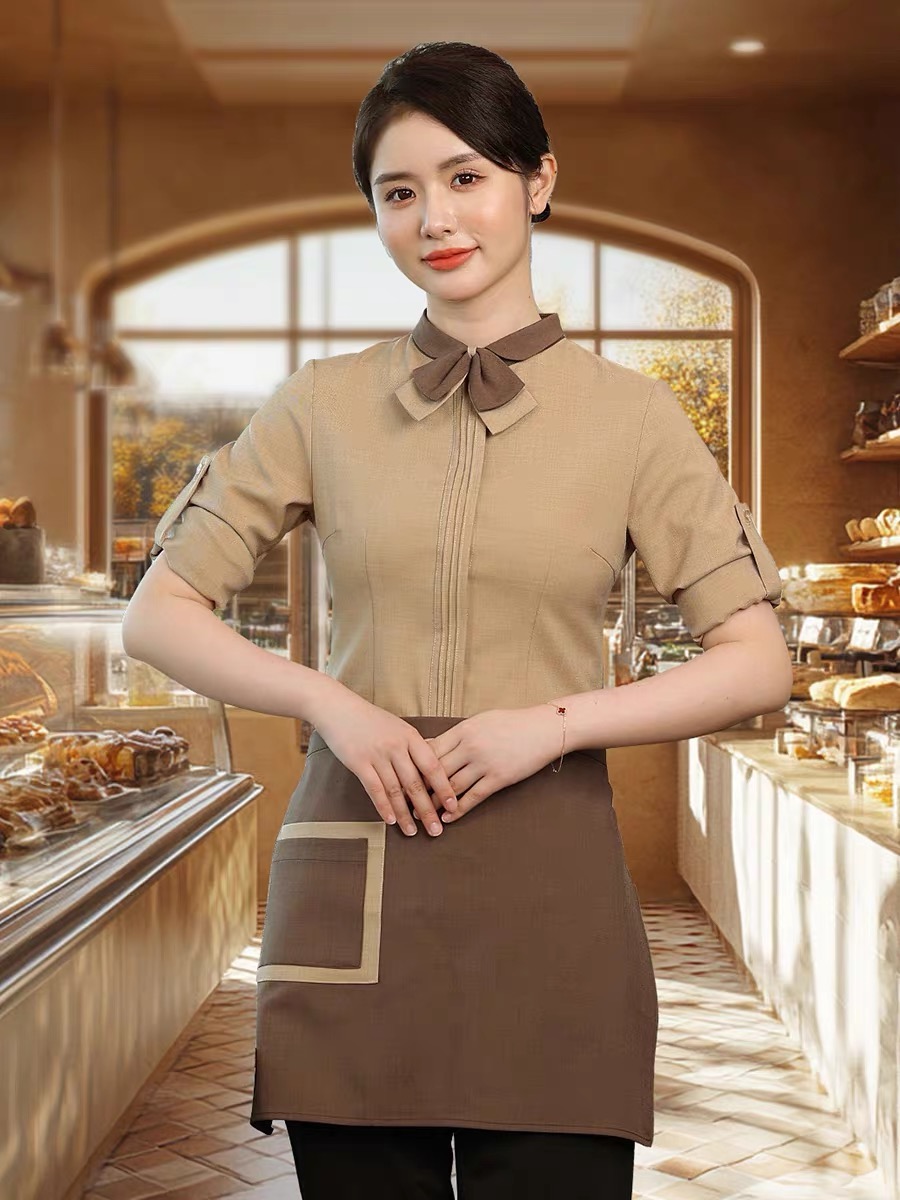 เสื้อฟอร์มพนักงานร้านอาหารกาแฟโรงแรม แขนยาว F6809005 น้ำตาล เทา M-6XL