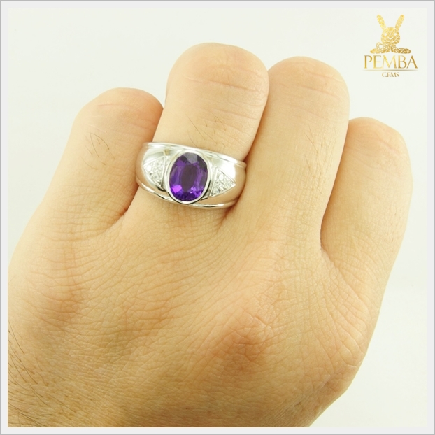 แหวนอเมทิสต์แท้ สีม่วงสด เงินแท้925 ชุบทองคำขาว ใส่โดดเด่นเต็มๆ นิ้ว